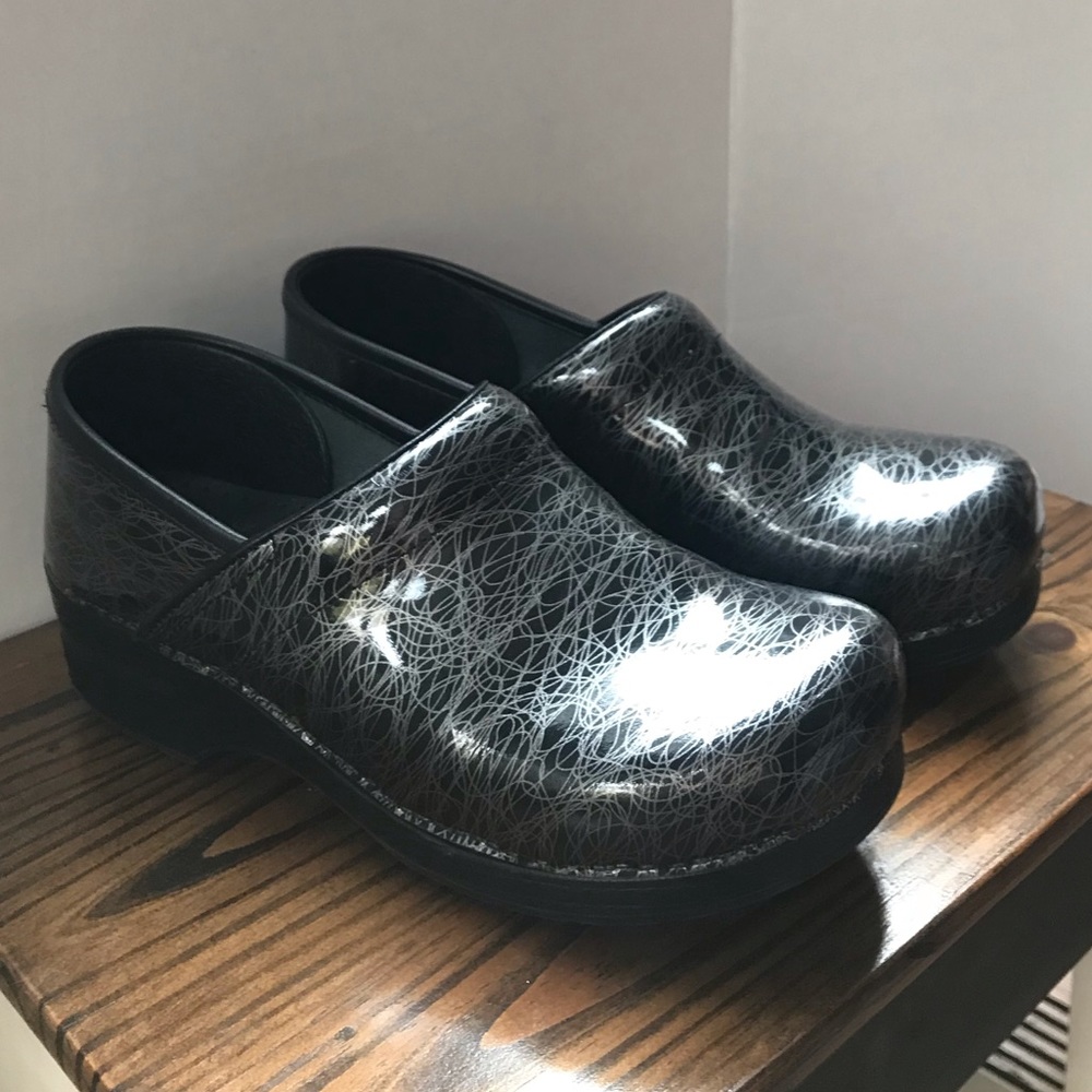 Dansko Metallic Black and Silver Swirl Clogs